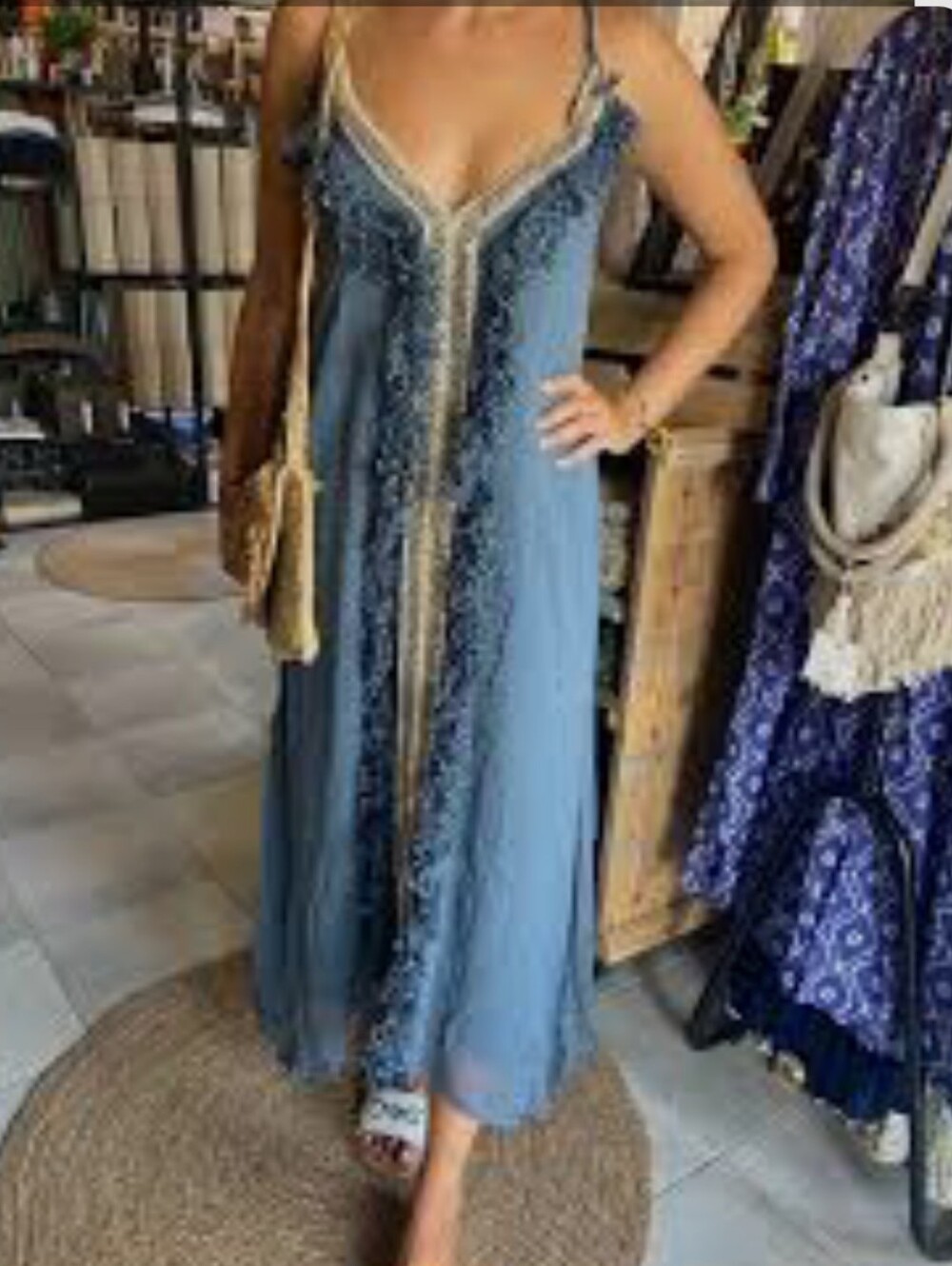 ): Karma Highway Boho Fringe Halter Maxi Dress One Size Blue Tassel Festival